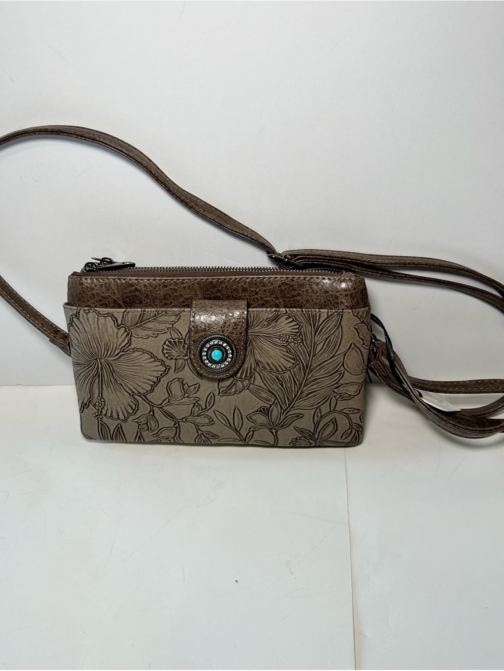 Boho Floral Embossed Crossbody Wallet Clutch Brown Vegan Leather Turquoise Snap